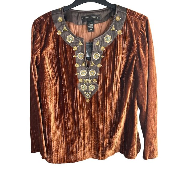 Venezia Womens Velvet Embellished Tunic Top Brown Long Sleeve Boho Blouse 14/16 - Picture 6 of 11
